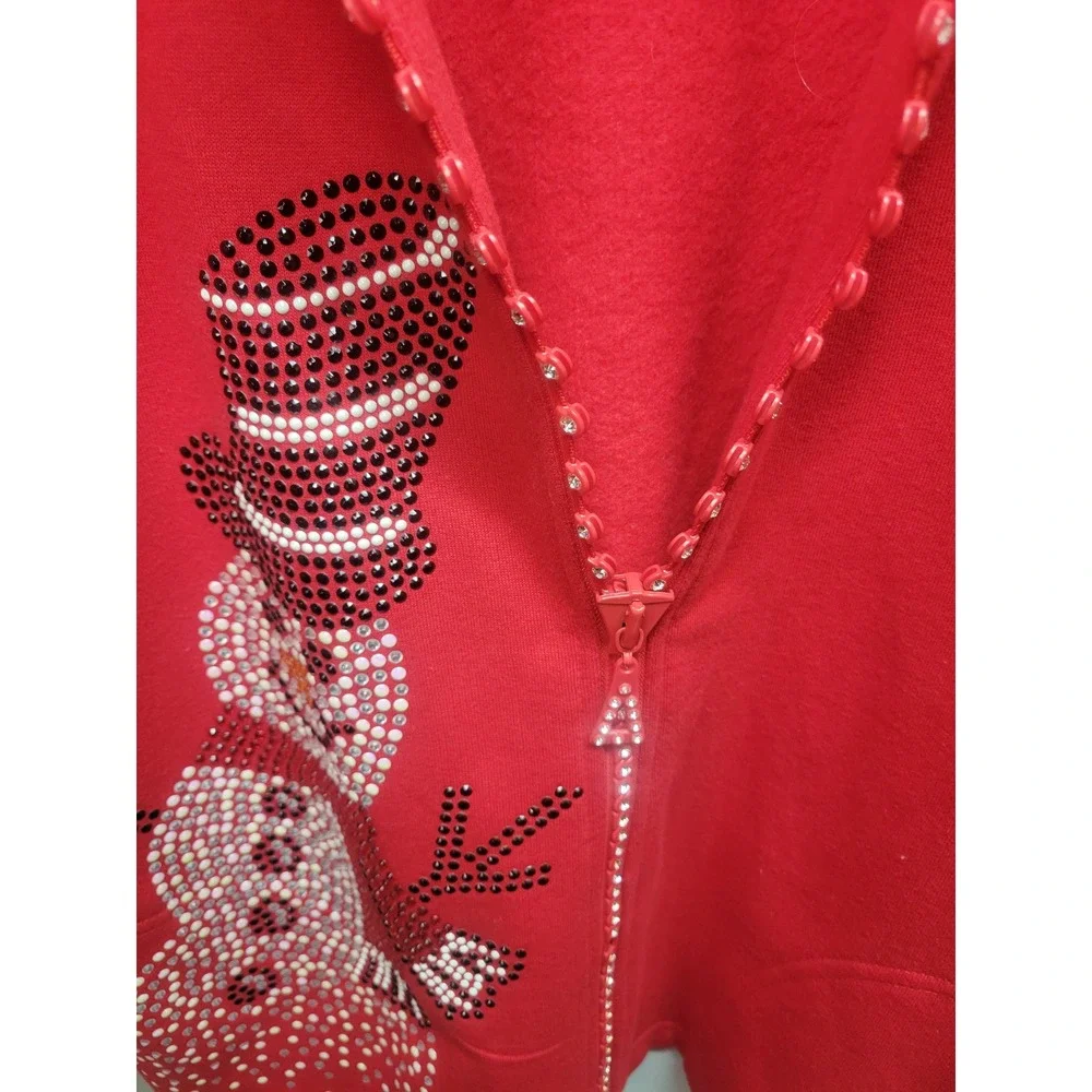 Tia Designs Red Rhinestone Snowman Zip Up Holiday Christmas‎ Sweatshirt Large
